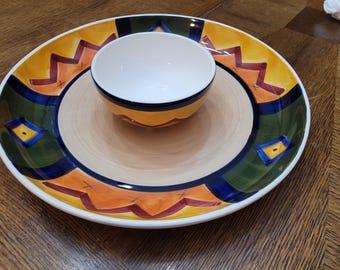 Large vintage abstract Mexican style World Market chip and dip or salsa dish