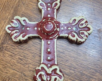 Vintage glazed ceramic Mexican Cross wall art hanging