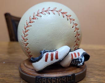Vintage Resin Baseball & Cleats on Faux Wood Base Coin Slot Piggy Bank with Stopper