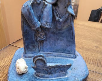 Vintage Blue Salt Glazed Stoneware Nativity Scene, Joseph, Mary, Jesus