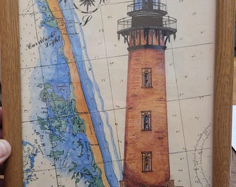 Vintage Donna Elias Watercolor Art Print, Currituck Beach Lighthouse Nautical Map