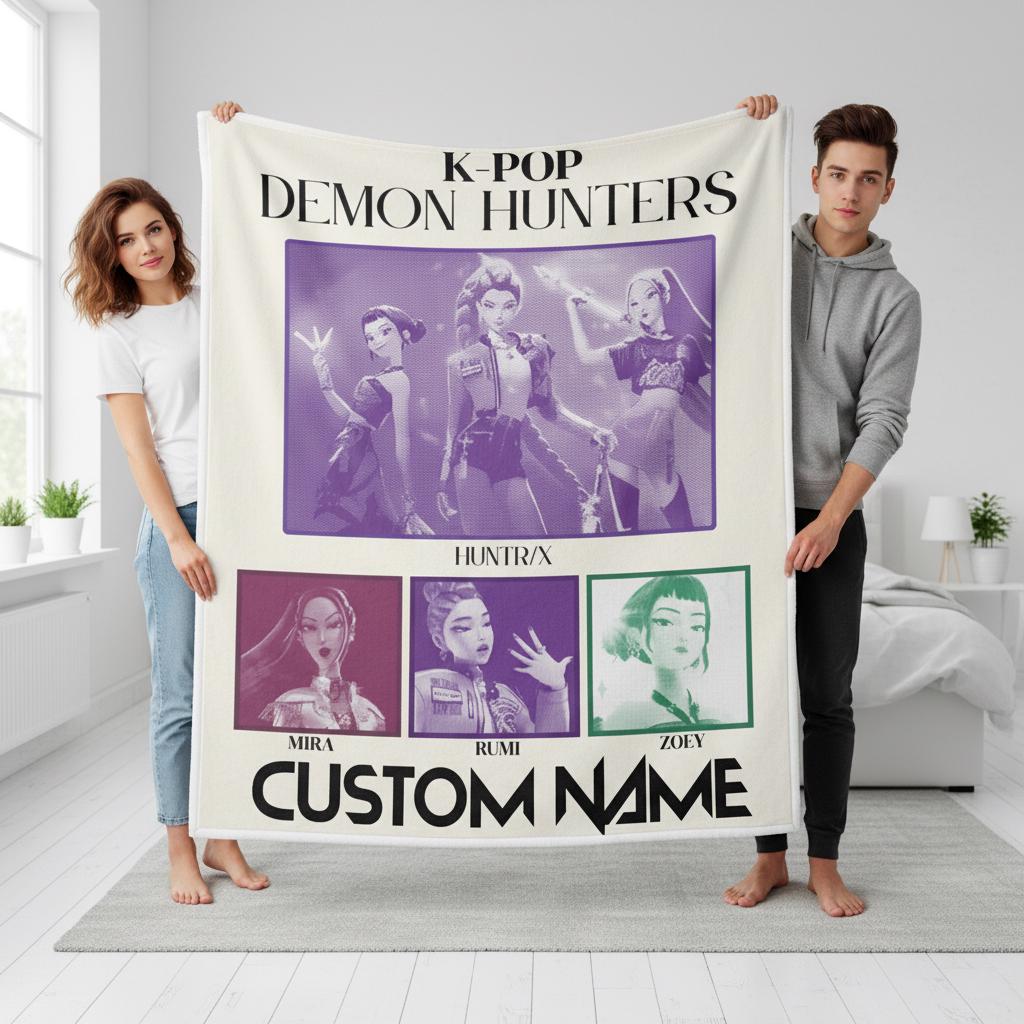 Discover Custom Huntrix Fleece Blanket with Name, K-pop Demon Hunter Birthday Blanket, Personalized Kpop Blanket