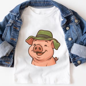 Camiseta para niño con dibujo de cerdo feliz / Camiseta de animales de granja y rancho con sombrero verde / Traje campestre de granero dulce