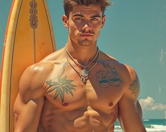Summer Heatwave | 1950s Vintage Surfer Hunks | Retro Gay Beach Art Bundle | 5 Digital Prints of Muscular Men on the Beach | Gay art