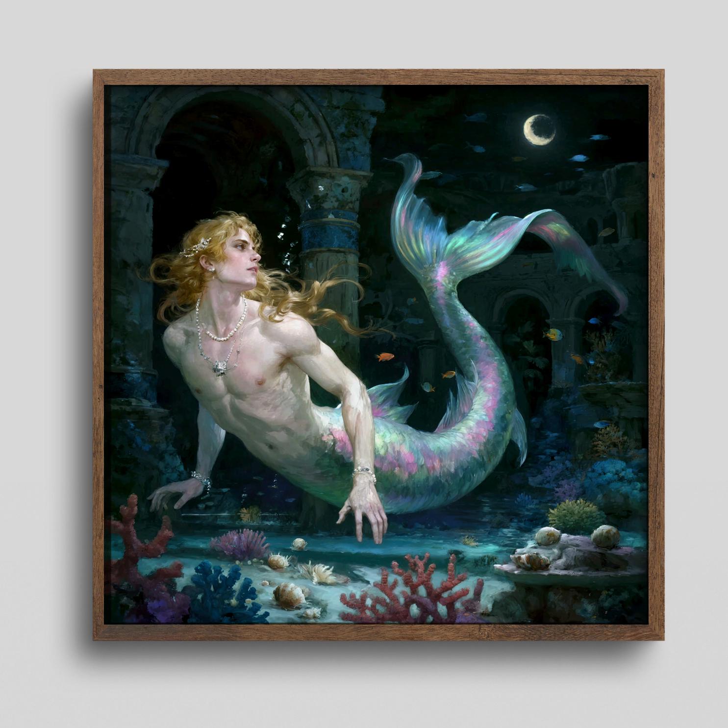 Ocean Merman Moonlit Merman Prince | Fantasy Art Print | Mythical Male Mermaid Wall ...
