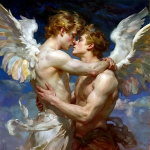 May include: An oil painting depicts two figures embracing, with golden hair and white feathered wings. The figures are in a tender embrace, their bodies illuminated against a backdrop of a cloudy blue sky. The artwork evokes classical themes.