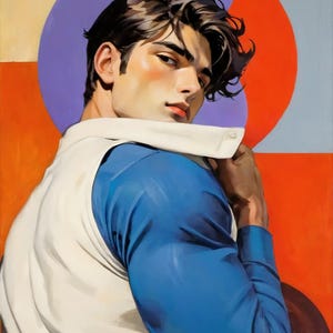 自信に満ちた視線 – レトロな色彩と現代的なプライド表現でスタイリッシュなゲイ男性のLGBTQデジタルアートプリント | 即時ダウンロード | ゲイアート