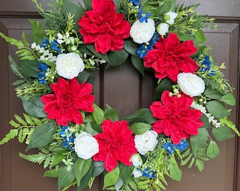 Patriotic Wreath, 4th of July Wreath, Red White and Blue Door Decor, Americana Summer Wreath, Memorial Day Decor, Front Door Wreath