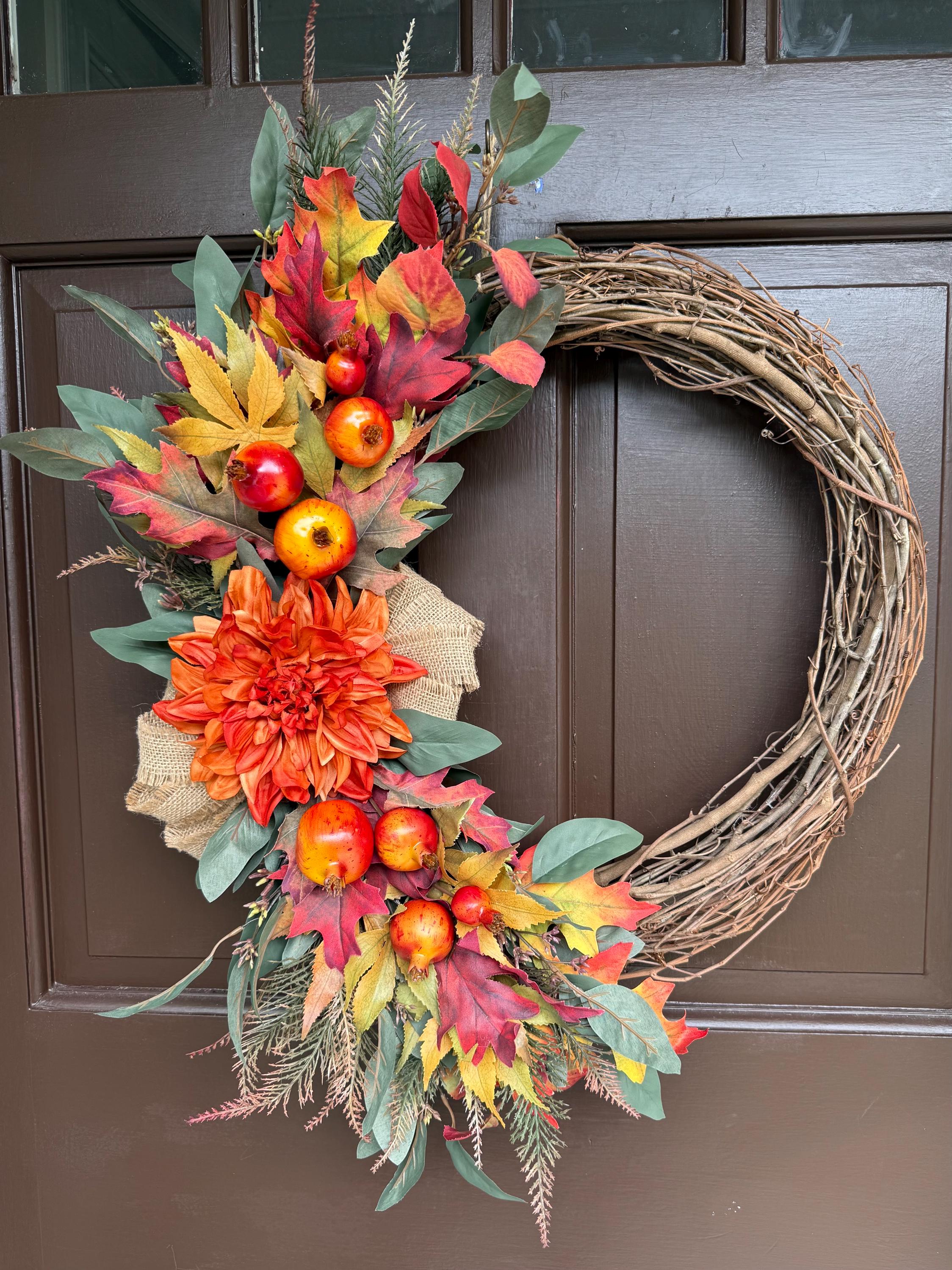 Fall Dahlia Grapevine Wreath: Maple Leaves, Pomegranates, Farmhouse Decor