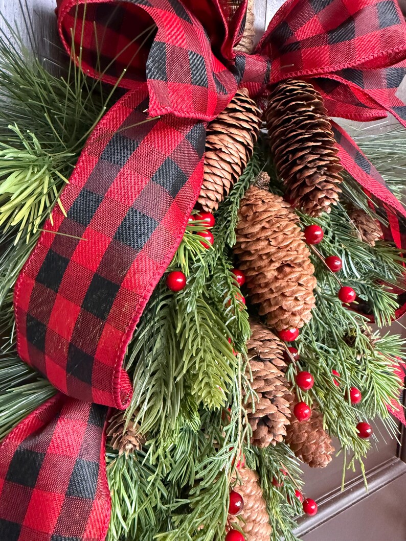 Small Rustic Bows Rustic Christmas Door Swag, Red Buffalo Plaid Bow, Pinecone and Red ...