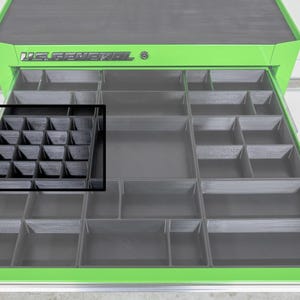 May include: A green and black US General tool chest with an open drawer revealing a black organizer insert. The drawer is divided into multiple compartments of varying sizes, designed for tool storage and organization. The tool chest is on a white surface.
