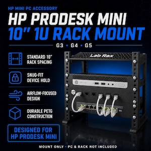 Könnte beinhalten: Eine schwarze 10-Zoll 1U-Rack-Halterung für HP ProDesk Mini G3, G4 und G5 Computer. Die Lab Rax-Einheit verfügt über eine robuste PETG-Konstruktion, ein auf Luftstrom ausgerichtetes Design und einen sicheren Halt. Inklusive Standard 10-Zoll-Rack-Abstand.