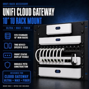 May include: A black 10-inch 1U rack mount for UniFi Cloud Gateway Ultra, Max, and Fiber devices. The rack features white hardware units with small digital displays, a 12-port network switch with white ethernet cables, and text labels.