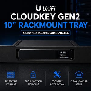 Könnte beinhalten: Eine schwarze 10-Zoll-Rackmount-Halterung für das UniFi CloudKey Gen2 mit einem Frontdisplay, das das UniFi-Logo, die IP-Adresse 192.168.1.1 und den Text CloudKey Gen2 anzeigt. Die Metallhalterung verfügt über seitliche Montagelöcher.