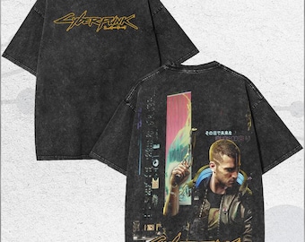 Vintage Washed Futuristic Neon City Gunman T-Shirt, Cyber Style Streetwear Tee, Video Game Merch Metalhead Fan Gift