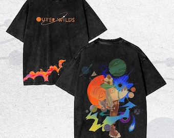 Vintage Washed Graphic T-Shirt, Black Acid Wash Oversized Tee, Colorful Space Explorer Back Print, c323DbVd