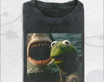 Vintage Washed Dark Humor Shirt, Smoking Frog Meme Tee, Shark Attack Parody T-Shirt, Retro Cinematic Graphic Shirt, cI199aTa