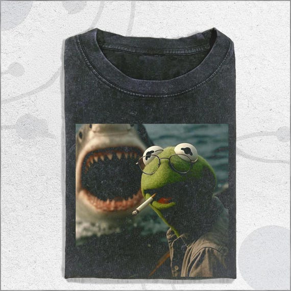 Vintage Washed Dark Humor Shirt, Smoking Frog Meme Tee, Shark Attack Parody T-Shirt, Retro Cinematic Graphic Shirt, cI199aTa
