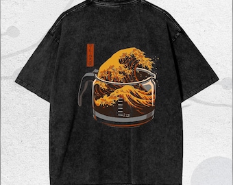 Camiseta vintage japonesa lavada con ondas de café, camiseta con gráficos minimalistas de arte japonés, ropa urbana estética unisex
