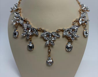 Gold Flower Bib Statement Necklace & Earrings Set, Gold And Clear Flower Necklace Set, Clear Teardrop Dangle Necklace Set