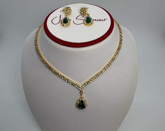 Naszyjnik i kolczyki z zielono-złotego kryształu w kształcie łezki, zielony i złoty zestaw naszyjników z kryształkami, delikatny zestaw naszyjników z łezką w kształcie łezki