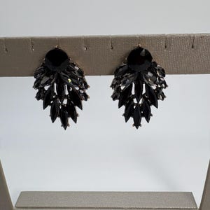 Black Crystal Leaf Drop Cluster Earrings, Black Crystal Leaf Earrings, Black Drop Cluster Earrings, Black Bridal Leaf Earrings
