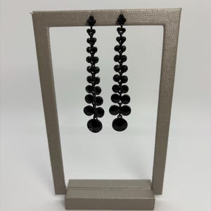 Black Round Crystal Dangle Fashion Earrings, Black Crystal Dangle Earrings, Long Black Dangle Earrings, Long Black Crystal Earrings