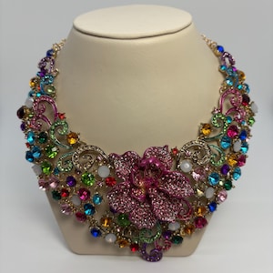 Multi-Floral Crystal Rhinestone Statement Necklace & Earrings Set, Rainbow Flower Necklace And Earrings Set, Multicolor Flower Necklace Set