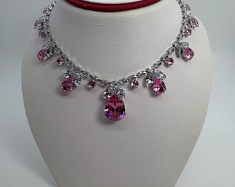 Pink And Clear Cubic Zirconia Statement Bib Necklace And Earrings Set, Pink Bib Necklace Set, Pink And Clear Wedding Necklace Set