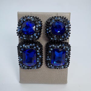 Blue Crystal & Black Plated Statement Dangle Earrings, Blue Crystal Bridal Earrings, Blue Sapphire Drop Earrings, Blue Rectangle Earrings