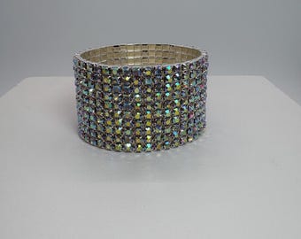 10 Row AB Crystal Stretch Bracelet, Iridescent Aurora Borealis Stretch Bracelet, Wide AB Prom Bracelet, Chunky Iridescent Bracelet