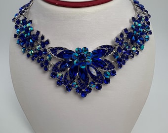 Blue AB Crystal Bib Necklace and Earring Set, Blue Iridescent Crystal Necklace, Big Blue Statement Necklace Set, Big Crystal Necklace Set