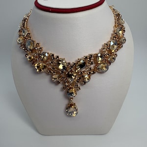 Conjunto de colar e brincos em formato de lágrima de cristal champanhe, conjunto de colar em formato de lágrima de cristal champanhe, conjunto de colar em formato de lágrima de cristal champanhe