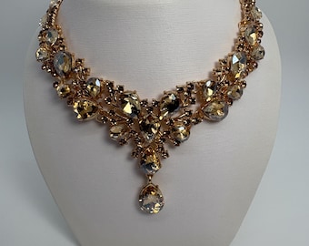 Champagne Crystal Teardrop Lariat Necklace And Earrings Set, Champagne Lariat Crystal Necklace Set, Champagne Teardrop Necklace Set