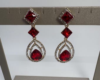 Red Teardrop Double Halo Earrings, Red Ruby Teardrop Earrings, Red Crystal Drop Earrings, Red And Clear Dangle Earrings