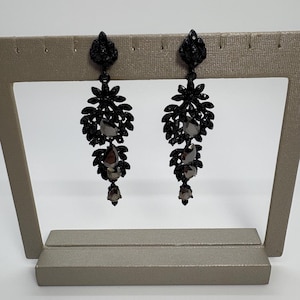 Black Crystal Teardrop Dangle Leaf Earrings, Black Crystal Earrings, Black Rhinestone Dangle Earrings, Black Flower Wedding Earrings