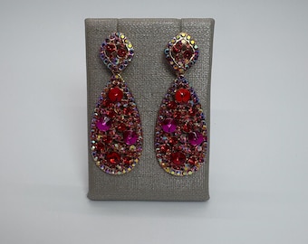 Multi Red Crystal Rhinestone Dangle Teardrop Statement Earrings, Multi Red Dangle Earrings, Red Tear Drop Dangle Earrings, Red AB Earrings