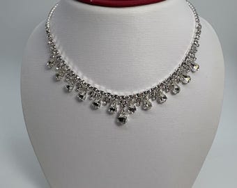 Silver Crystal Dangling Teardrop Bib Necklace And Earrings Set, Silver Wedding Necklace And Earrings, Silver Crystal Necklace Set