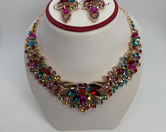 Multicolor Crystal Bib Necklace and Earring Set, Rainbow Crystal Bib Necklace Set, Big Multicolor Statement Necklace Set