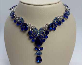 Blue Crystal Lariat Necklace & Earrings Set, Blue Crystal Necklace Set, Blue Wedding Necklace And Earrings, Multi Blue Crystal Necklace Set