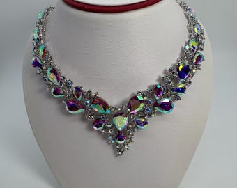 Conjunto de collar y pendientes de cristal AB, collar llamativo de cristal Aurorus Borealis, collar iridiscente