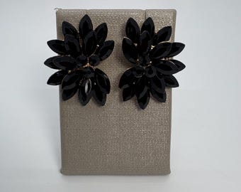 Black Crystal Flower Studs, Black Prom Earrings, Black Flower Earrings, Black Onyx Earrings, Big Black Earrings, Black Cluster Earrings