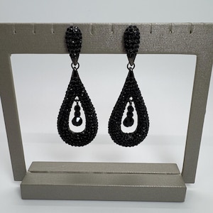 Black Crystal Hoop Earrings, Black Crystal Dangle Earrings, Black Rhinestone Earrings, Black  Hoop Wedding Earrings, Long Black Earrings