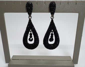 Black Crystal Teardrop Earrings, Black Crystal Dangle Earrings, Black Oversized Statement Earrings, Long Black Earrings