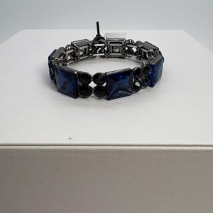 Dark Blue And Navy Blue Crystal Stones Stretch Silver Tone Bracelet, Dark Blue Prom Bracelet, Navy Blue Crystal Bracelet, Dark Blue Bracelet