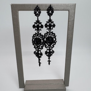 Long Black Crystal Filigree Drop Earrings, Long Black Rhinestone Dangle Earrings, Long Black Earrings, Black Crystal Wedding Earrings