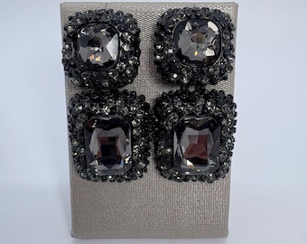 Black Crystal & Black Plated Statement Earrings, Black Crystal Earrings, Black Rectangle Drop Earrings, Big Black Rectangle Earrings