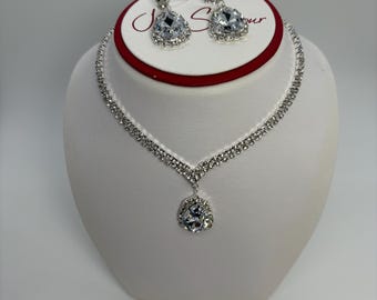 Crystal Teardrop Rhinestone Necklace And Earrings, Clear Crystal Teardrop Necklace Set, Clear And Silver Wedding Necklace Set
