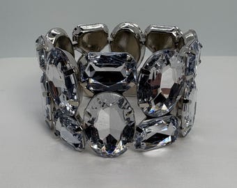 Pulsera elástica geométrica transparente, pulsera ancha de cristal transparente, pulsera gruesa transparente y plateada