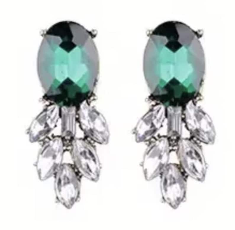 Qlavoca Crystal Rib Statement Necklace & Earrings Set – Teal Rhinestone Bridal Jewelry For Women
